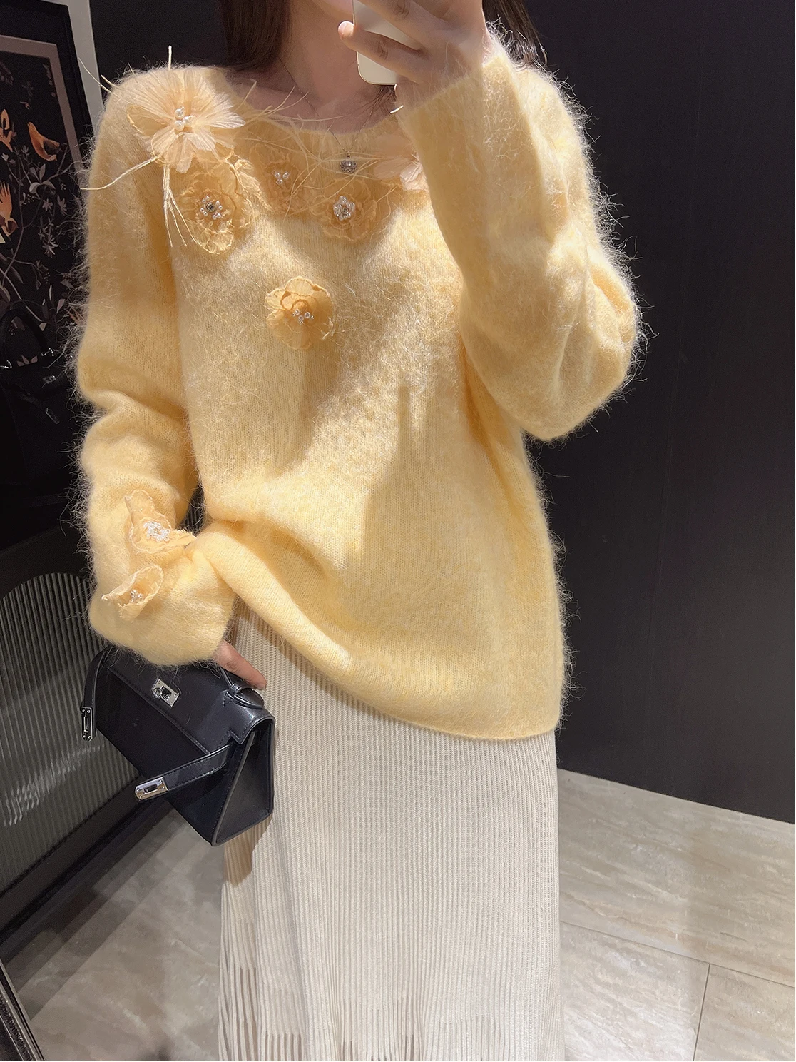 

Высококачественный супер теплый длинный свитер из шерсти альпаки Dry Fairy с цветочной вышивкой, женский корейский свободный крой с волнистым узором