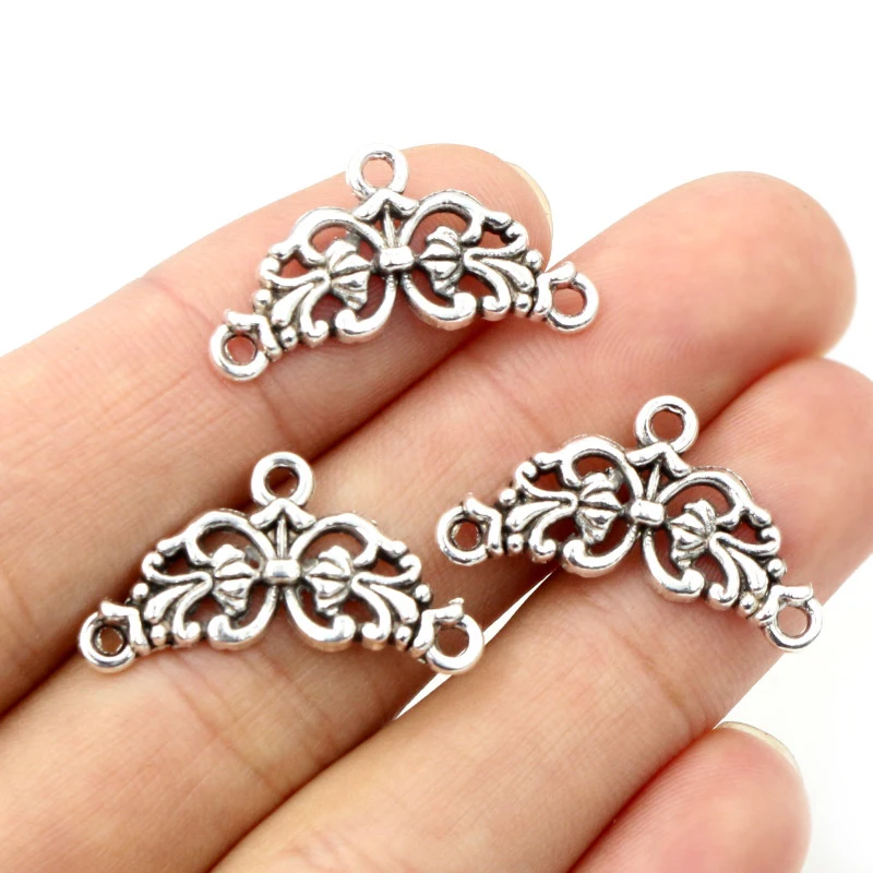 30pcs 14x26mm Antique Silver Plated Bronze Flower Style Connector Charm Pendant DIY Jewelry Supplies for Bracelet Necklace