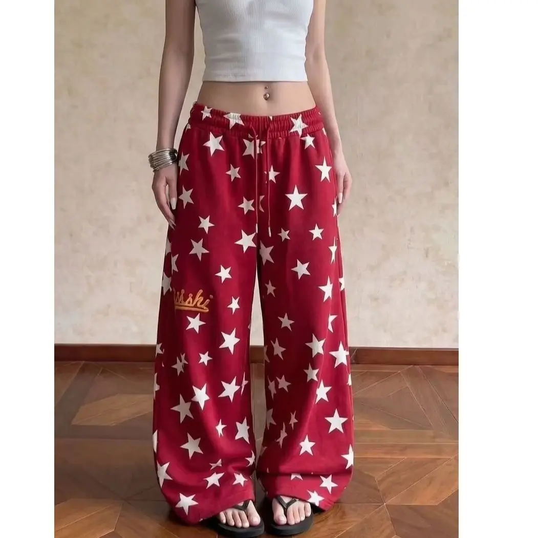Women's Retro Starburst Print Hiphop Sweatpants Y2k Summer Wide Leg Pants Unisex Baggy Sweatpants Female High Waisted Trousers