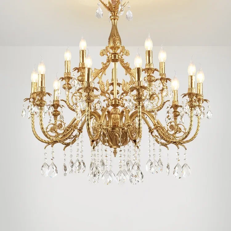 

European style living room pendant light, all copper, retro dining room, bedroom, crystal light, French luxury villa lighting