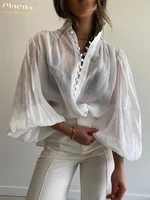 Clacive-Blusa blanca de algodón para mujer, elegante camisa de manga abombada con cuello levantado, clásica, 2024