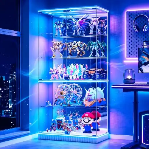 Glass Display Cabinet with Human Body Sensing RGB Lights,5-Tiers Curio Cabinet Display Case with Lock, Frameless Tall