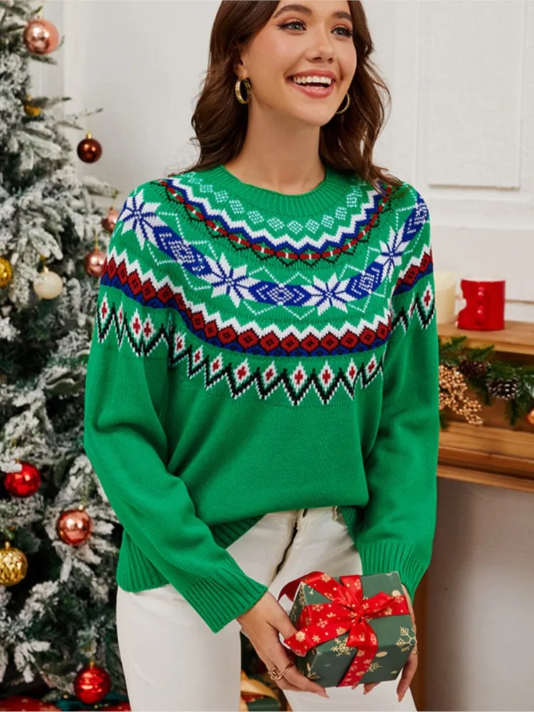 

Christmas Clothing For Woman Retro Color Block O-neck Knitted Pullover Sweater Autumn Winter Ladies Casual Long Sleeve Sweaters