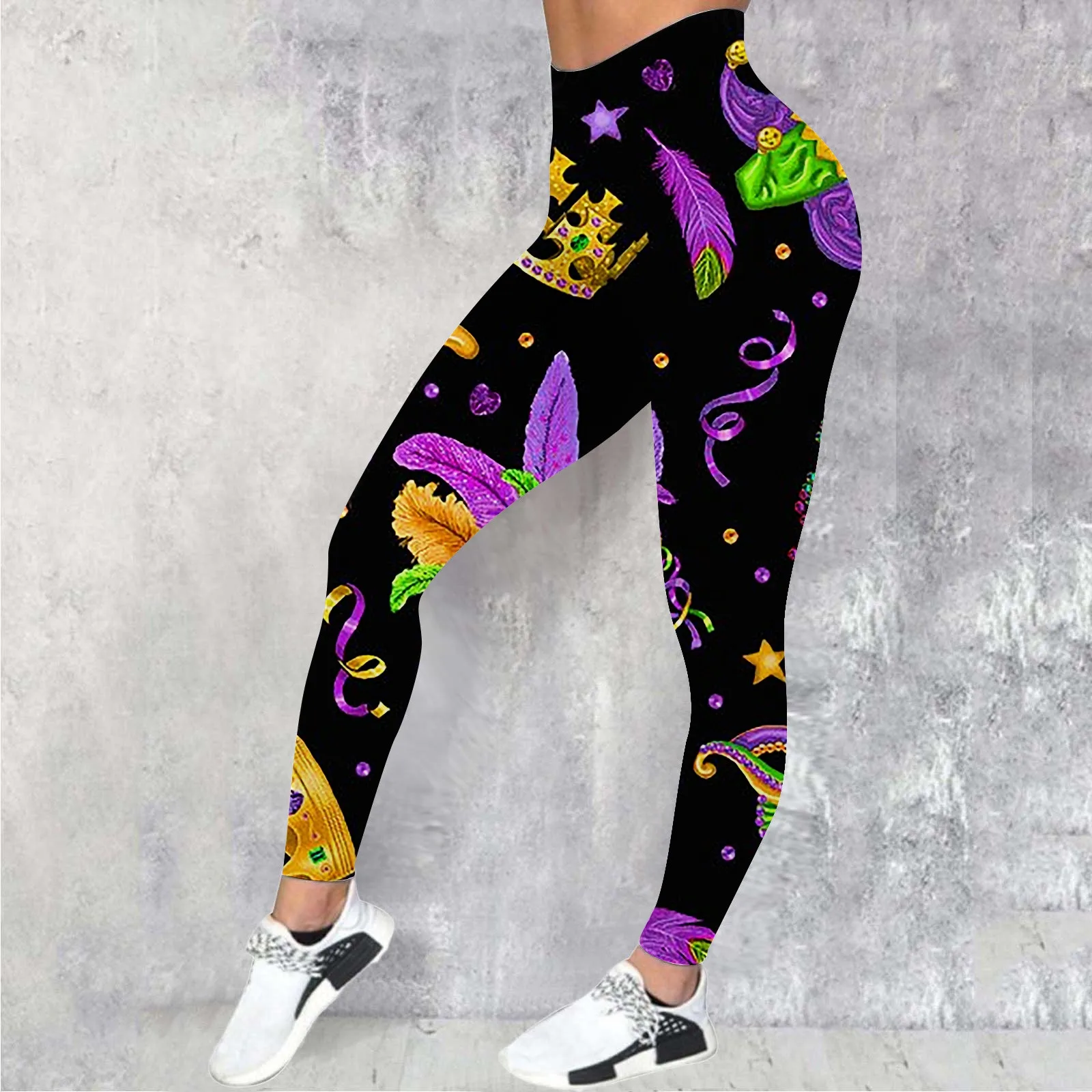 Women Adults Leggings Carnival Colorful Feather Mardi Gras Festive Print Sports Fashion Pants Sports Workout Parade Leggings New