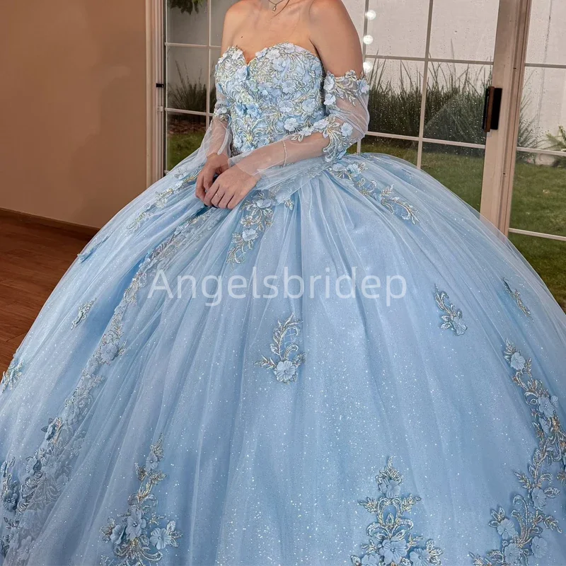 Angelsbride gaun pesta dansa biru langit gaun Quinceanera Vestidos De 15 quinceaurus gaun pesta Tule Glitter lengan panjang