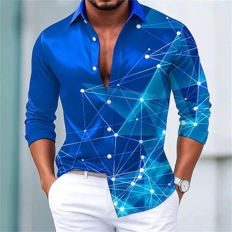 Men's trendy long-sleeved shirt with geometric line prints. A fashionable and form-fitting black tech-style shirt. Popular men's