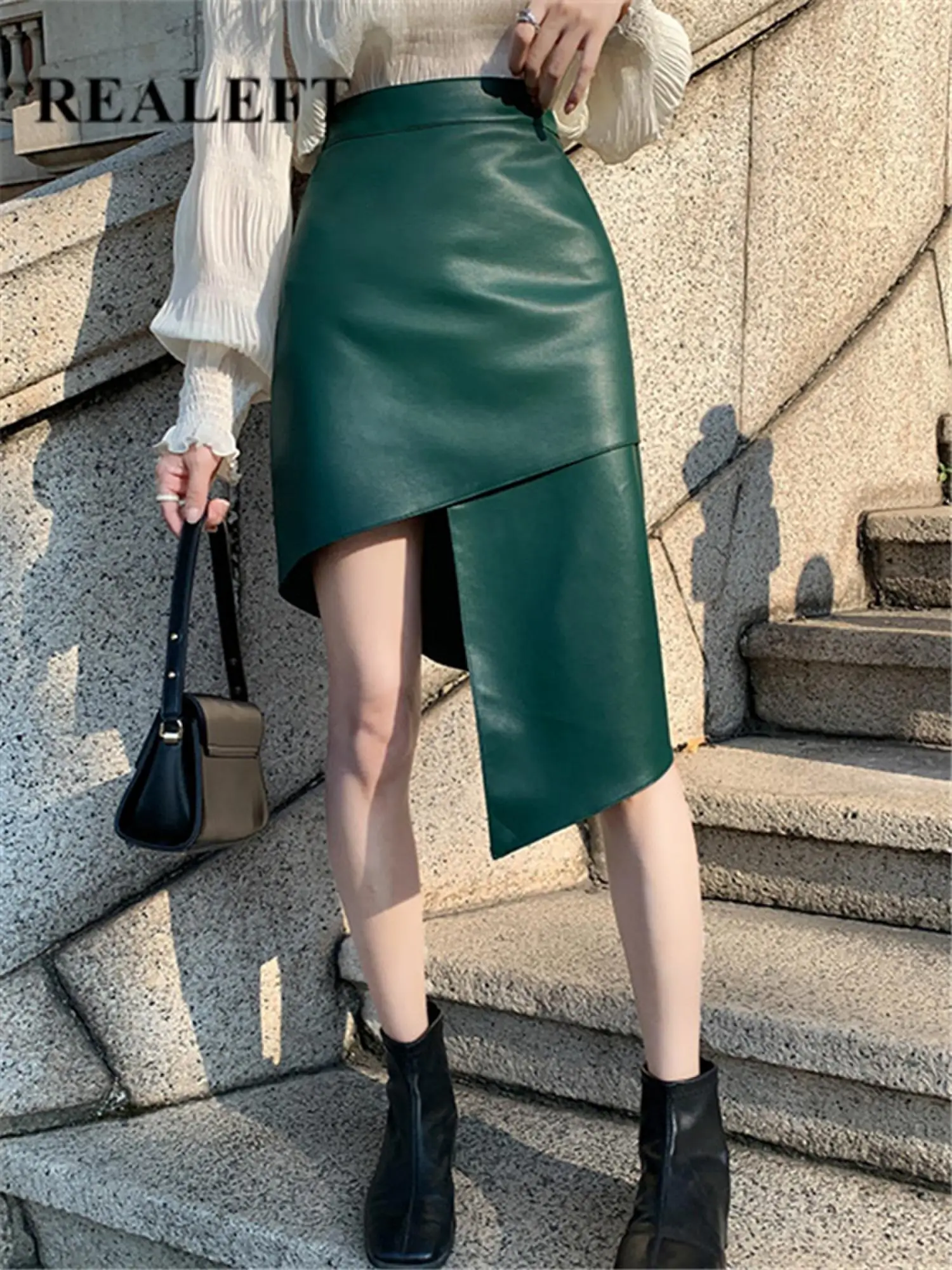 

REALEFT Irregular Faux PU Leather Women's Wrap Skirts 2023 New Autumn Winter High Waist Office Sheath Pencil Skirts Female