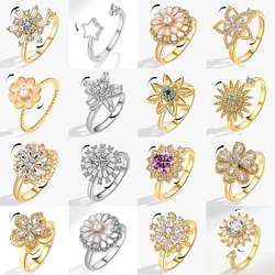 SMJEL Luxury Crystal Anxiety Relief Spinning Fidget Rings for Women Cute Sakura Daisy Rose Flower Rotating Ring Anti Stress Gift