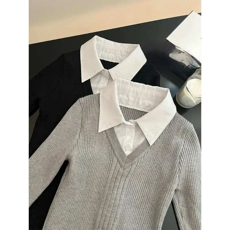 2024 New Preppy Style Fake Two Pieces Mini Knitted Shirts Dress Women Gyaru 2000s Aesthetic Vintage Long Sleeve One-Piece