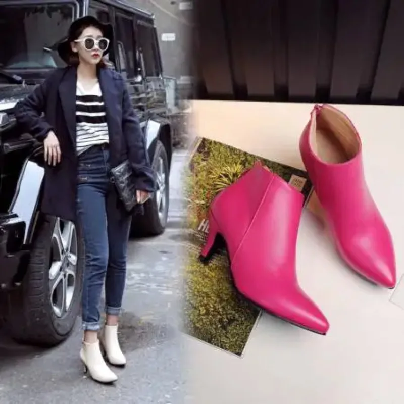 Pointed Toe Ankle Boots for Women Fashion Back Zippers Short Boots Female Slim Thin High Heels Black Apricot Rose Shoes Booties