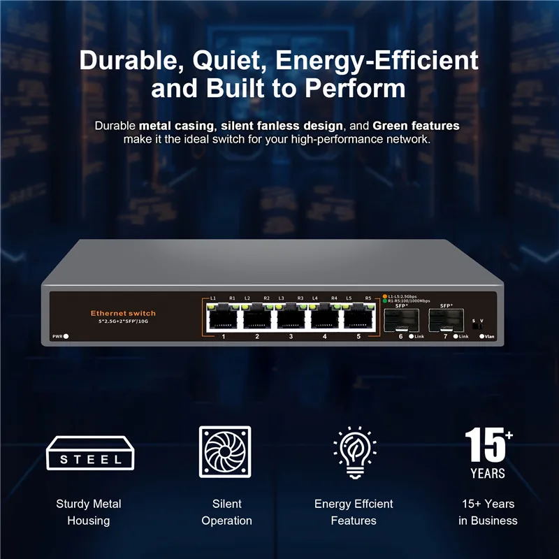 5 portas de rede ethernet 2.5gbps rj45 não-poe 2 portas 10g sfp ethernet switch plug and play para câmera ip nvr cctv hub de segurança