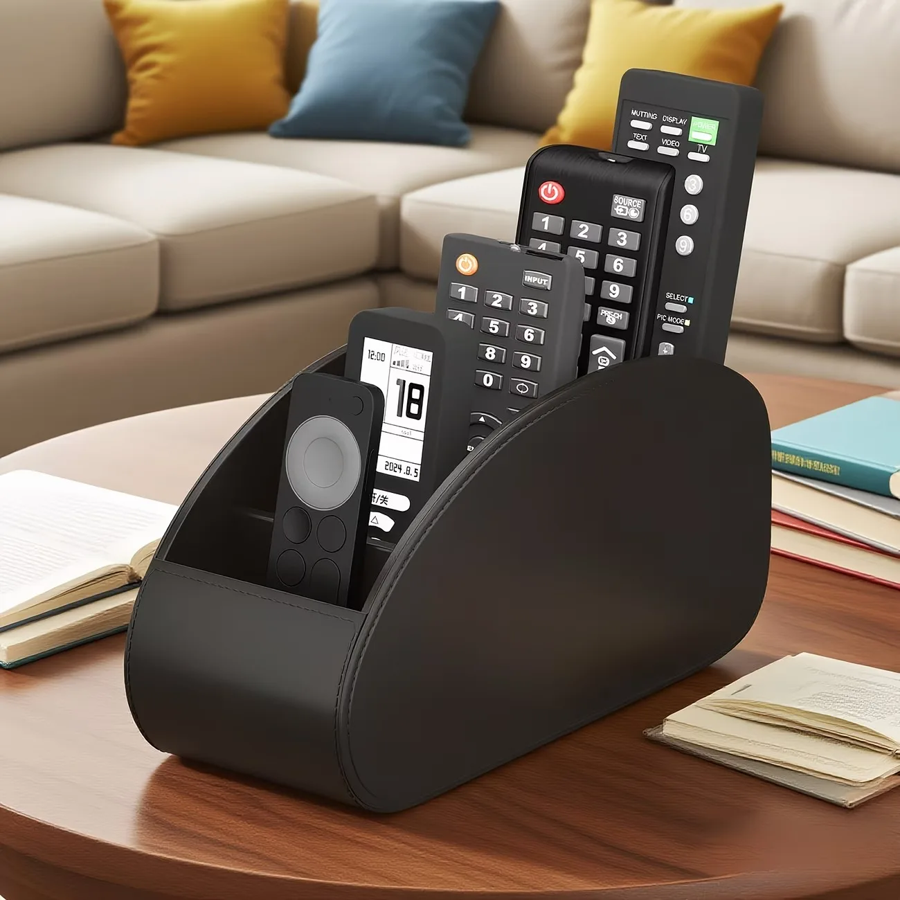 Soporte para Control Remoto de PU con Caja de Almacenamiento de 5 Compartimentos - Organizador de Bandeja para Controles Remotos de TV, Reproductores Multimedia, Bolígrafos, Gafas