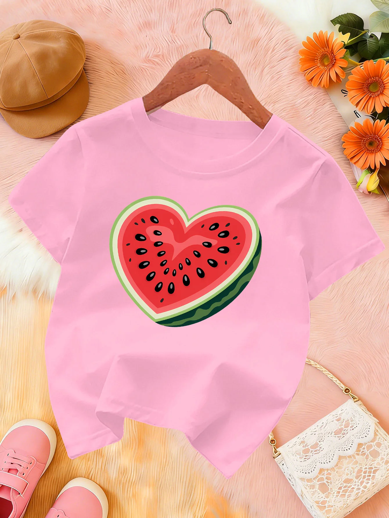 Heart Shaped Watermelon Summer Fruit Pattern Kids T Shirt Boys Girls Short Sleeve Crew Neck Cotton Parent Matching Tops Toddler