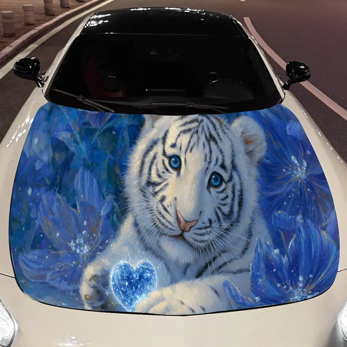 Adorable White Tiger Cub with Blue Flowers Car Engine Hood Sticker, Auto Vinyl Wraps, Waterproof Self-adhesive Vehicle Decal, Du