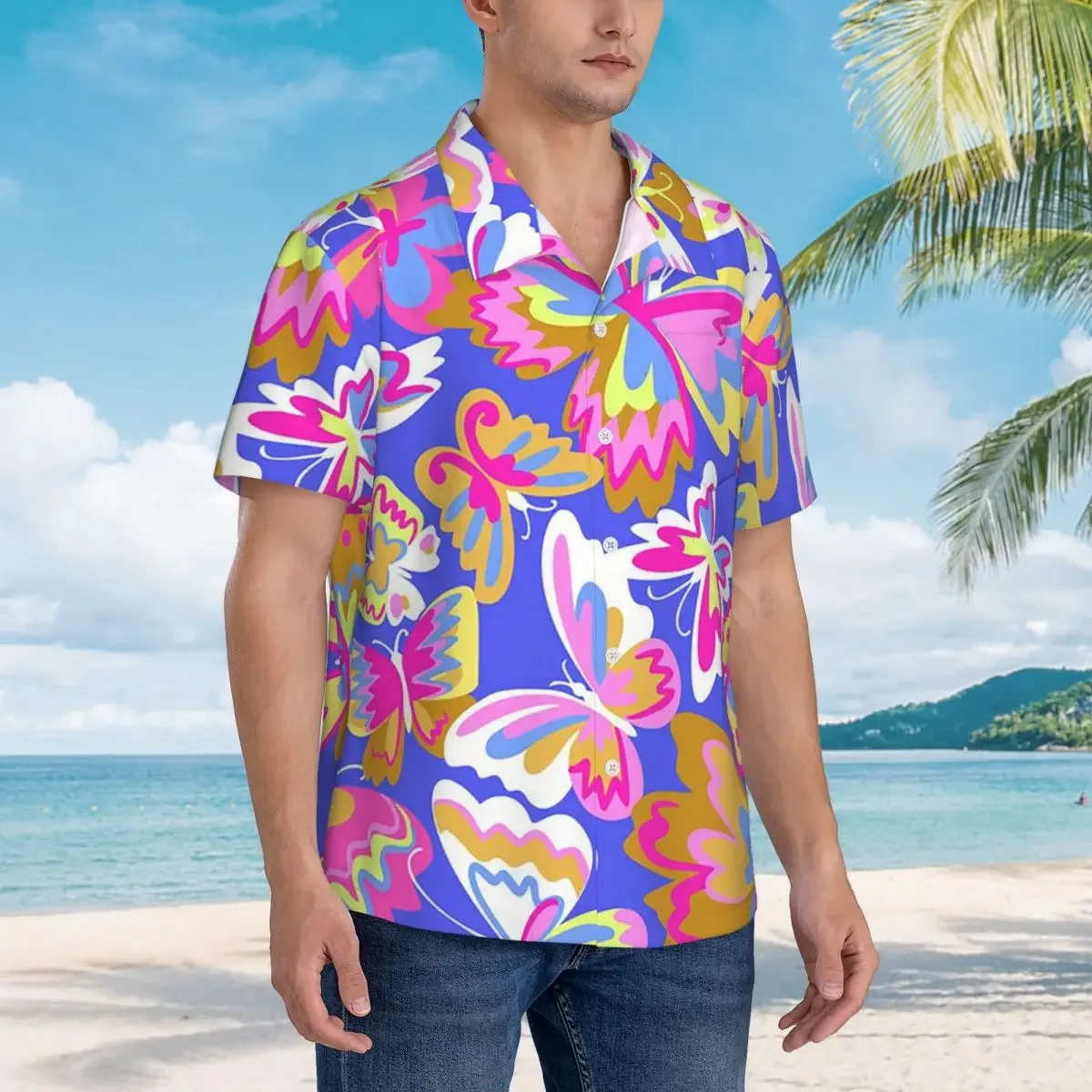 Colorful Butterfly Hawaiian Shirts Fashion Men Short Sleeve Shirt for Summer Beach Men's Button Tops
