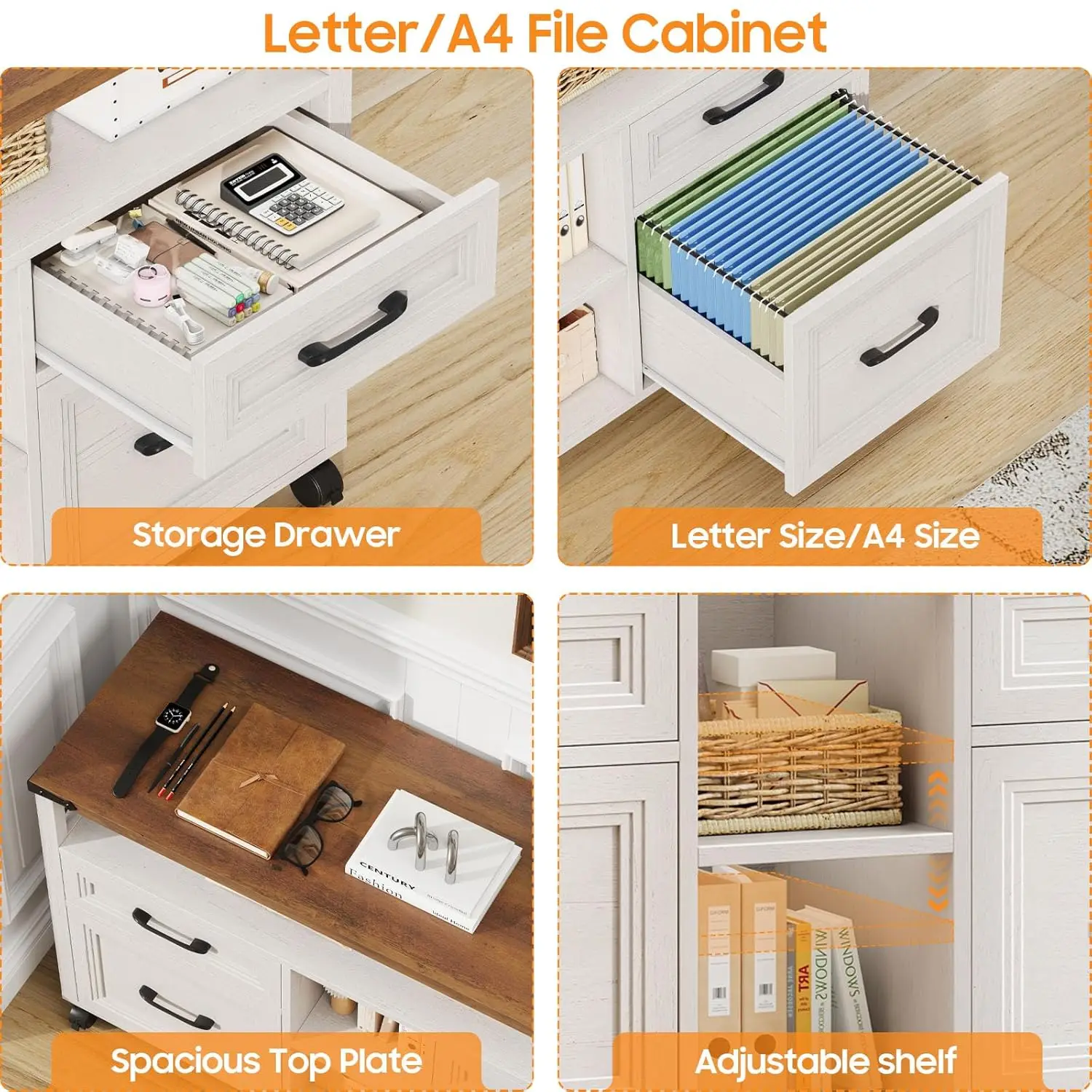Farmhouse Filing Cabinet with Adjustable Shelf & Wheels, Lateral File Cabinets, Office Storage Cabinet with 4, Customized