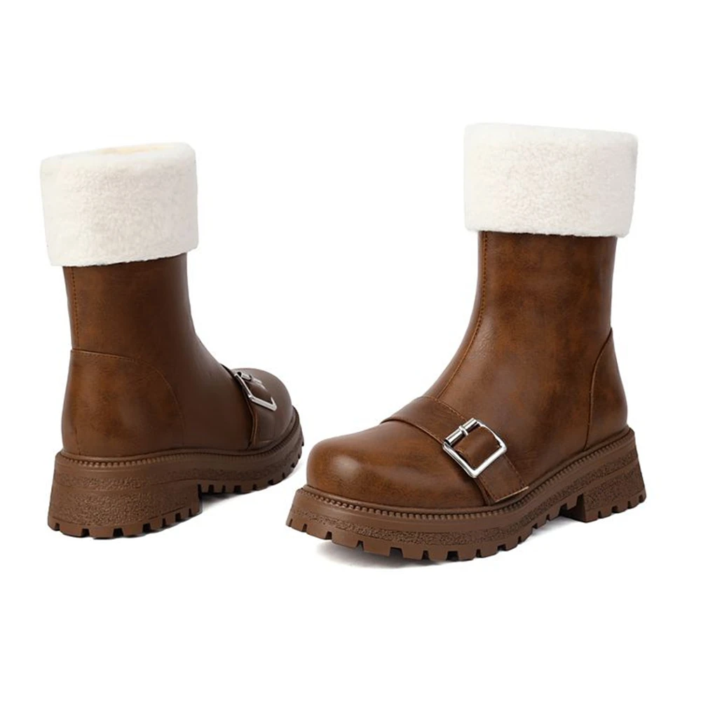 

Ankle Boots Women Fashion Thick Heel Round Head Winter Warm Plush Side Zipper Comfortable Casual Platform Combat Boots 862-10