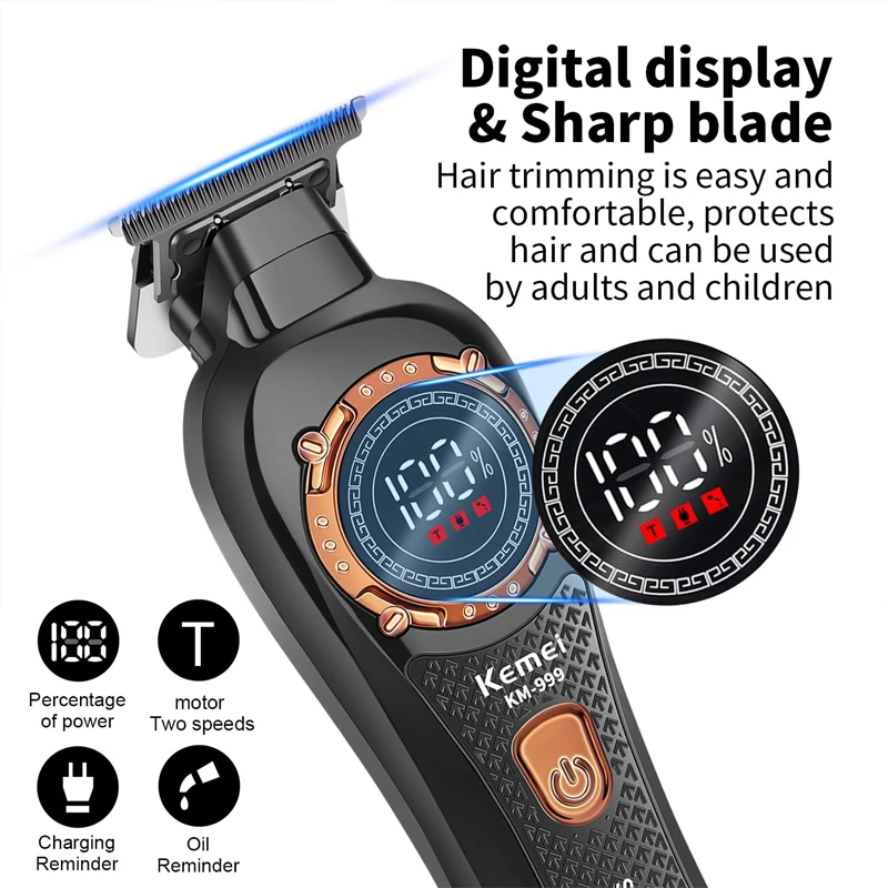Kemei KM-999 Cordless Professional Hair Trimmer Men DLC T-Blade Zero Gapped Hair Clipper Electric Finishing Hair Cutting Machine