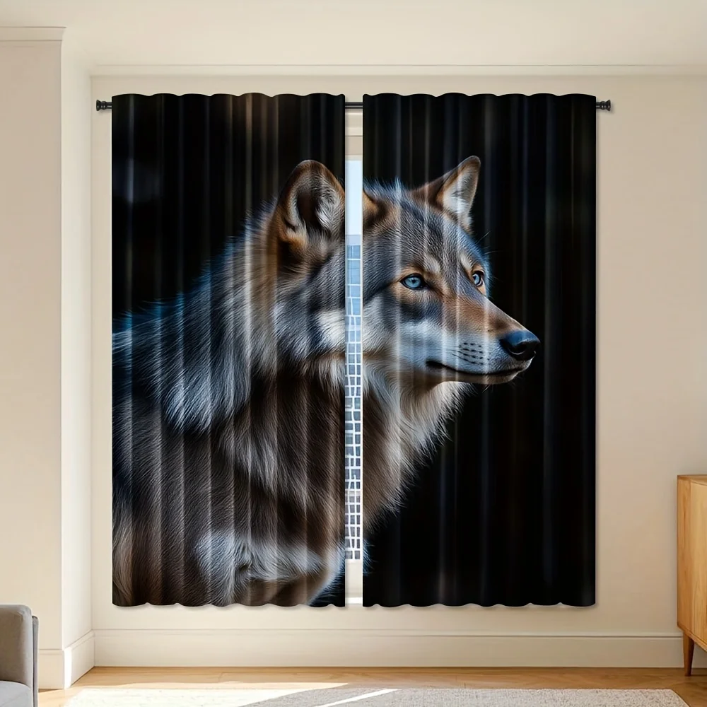 

2 шт. шторы с принтом «Серый волк» — светофильтр, дизайн кармана стержнями, современный портретный узор природы, идеально подходит для спален,