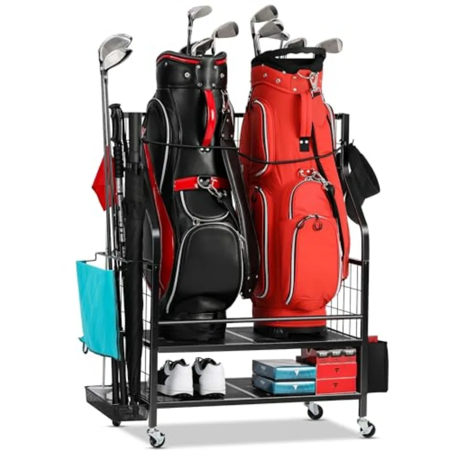 Golf Bag Storage Garage Organizer - Golf Bag Stand Fit for 2 Bag, Extra Clubs, Balls, Shoes, and Golf Equipment Accessories, Go