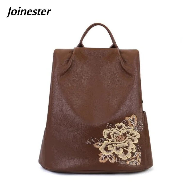 Vintage Embroidered Genuine Leather Backpack Anti-theft Daily Use Travel Bags for Women Chinese Style Soft Handle Schoolbag