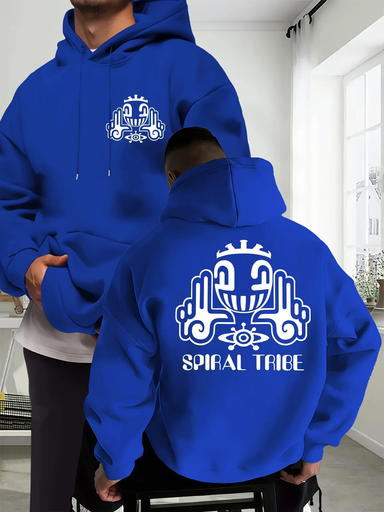 Men Spiral Tribe Tribal Totem Front & Back Print Hoodie Abstract Ethnic Graphic Loose Unisex Fleece Hooded Sweatshirt Autumn