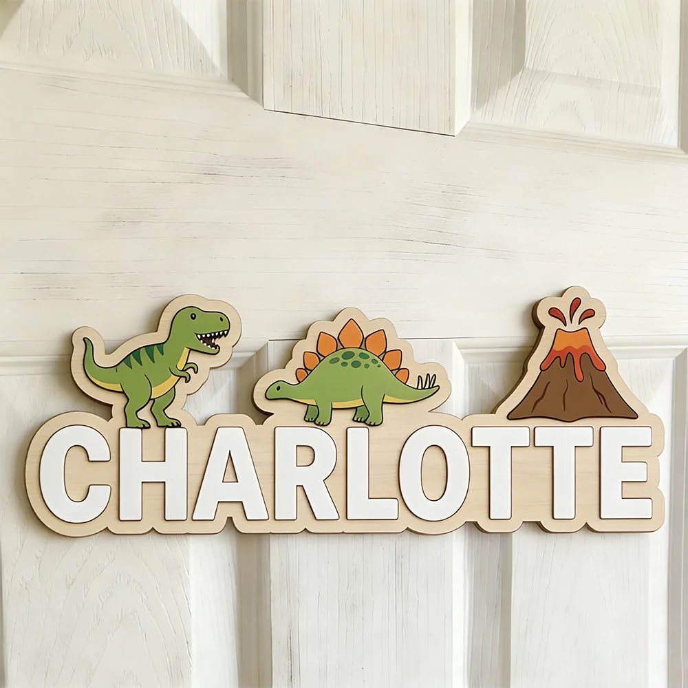 Personalisiertes Dinosaurier- und Vulkan-Namensschild, individuelle Kinderzimmerdekoration aus Holz, niedliches Türschild für das Kinderzimmer, einzigartiges Geschenk für Dinosaurierliebhaber