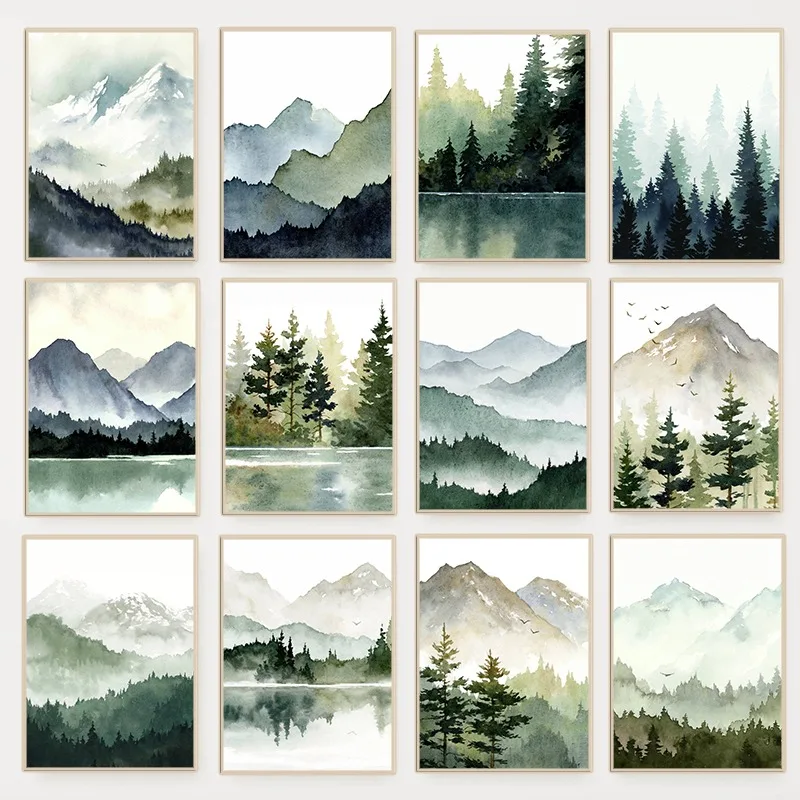 

1 шт. безрамная картина на холсте: Лес, озеро, туман, сосны, горный пейзаж. Минималистичный настенный принт на холсте.