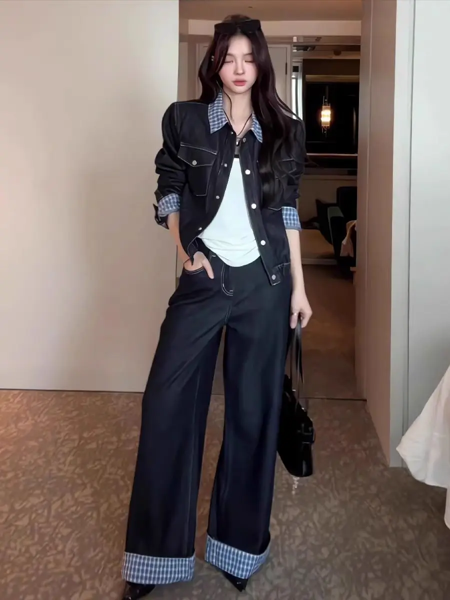 ผู้หญิงวินเทจลายสก๊อต DENIM แจ็คเก็ต-Distressed Blue Utility Coat ฤดูใบไม้ผลิฤดูใบไม้ร่วง Casual Layering Essentia Matching กางเกง