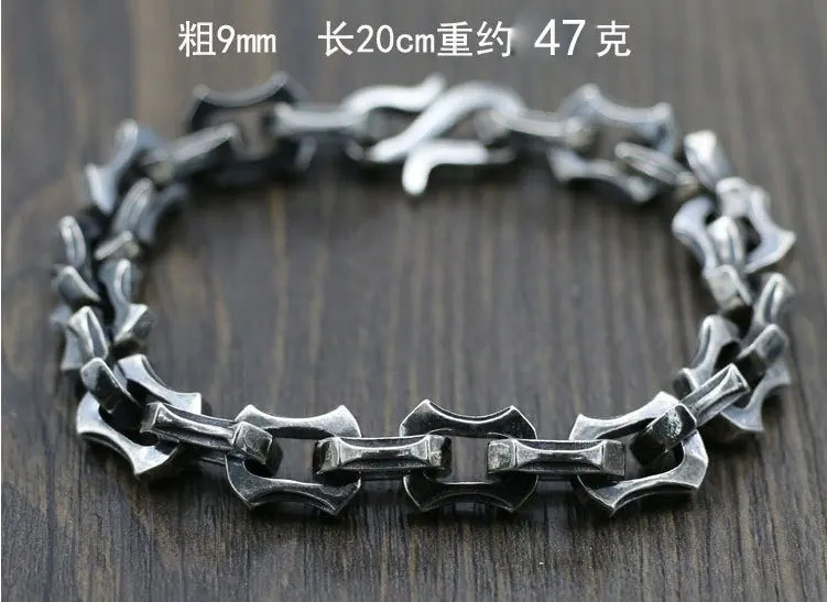 Punk style S925 pure silver retro distressed heavy feeling buckle and keel bracelet, domineering Thai silver men's silver chain