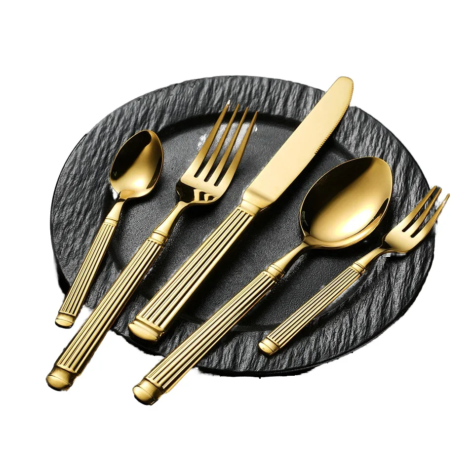 Luxury five-piece Western steak tableware set Amazon gold Roman column stainless steel knife and fork high-grade metal tableware