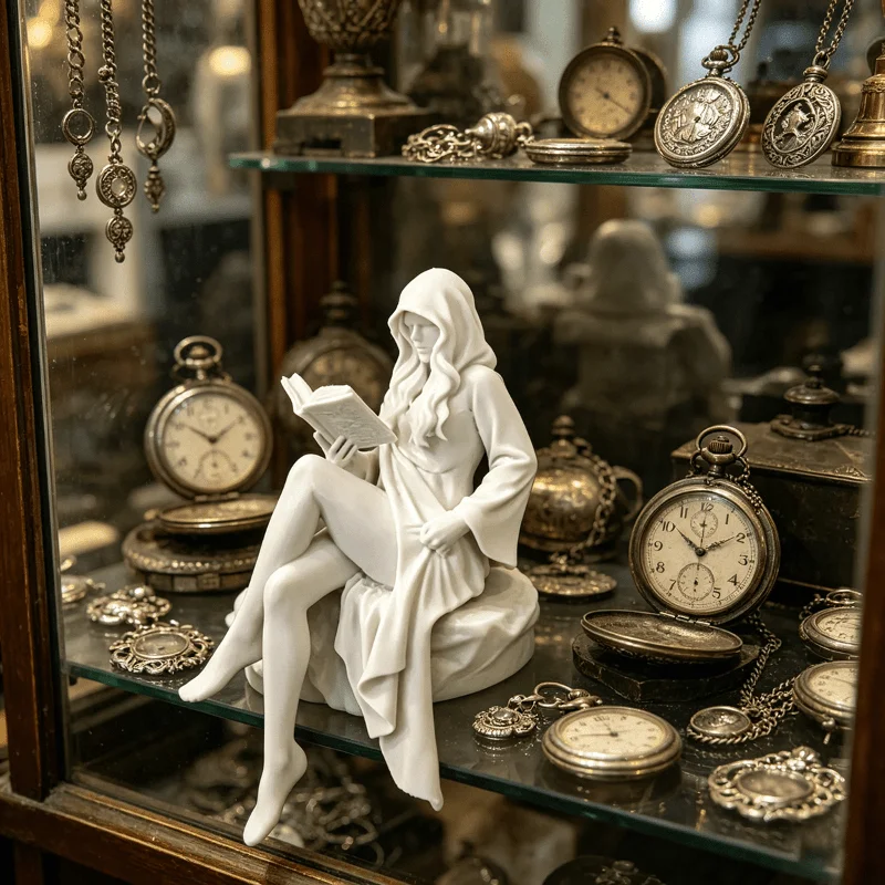 Reading Woman Resin Figurine, Hooded Lady Sitting Statue, White Sculpture Shelf Sitter Ornament, Modern Desktop Bookshelf