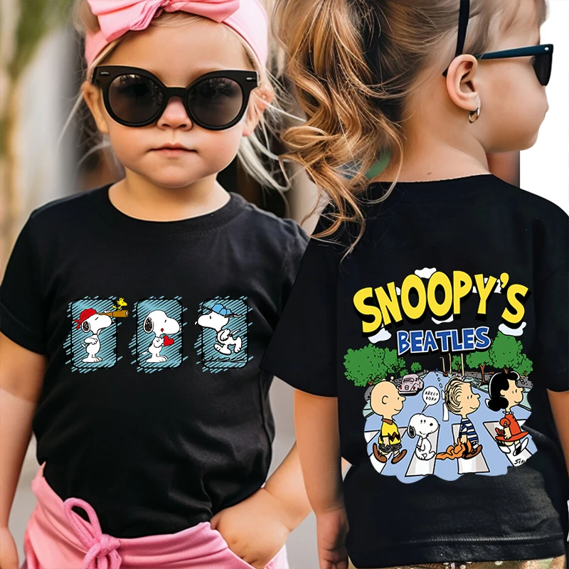 Camiseta con estampado de Snoopy para niños, ropa de manga corta de algodón puro con dibujos animados para niños, top negro para niñas