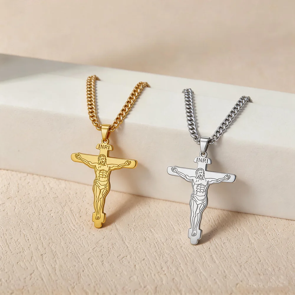 INRI Crucifix Pendant Necklace Jesus Christ Cross Necklace Christian Religious Amulet Jewelry Catholic Faith Jesus for Men Women