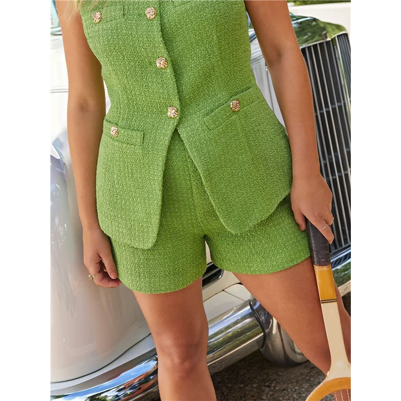 A83F-Conjunto de terno casual de duas peças feminino sem mangas botão colete shorts terno de negócios de escritório