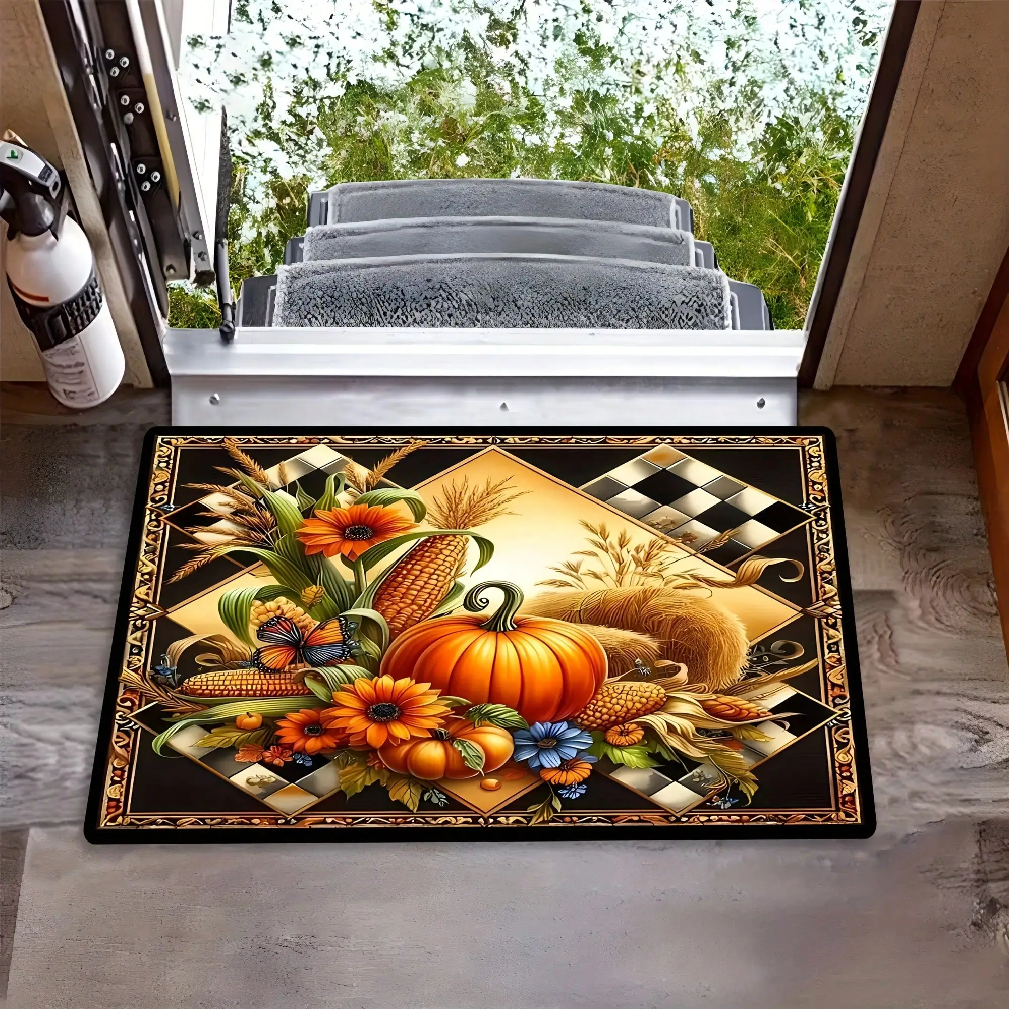 A High-Quality Flannel Rug Featuring Autumn Harvest Corn, Pumpkin, Floral, And Butterfly Patterns, Designed As A Welcome Mat For Thanksgiving.It Is Non-Slip