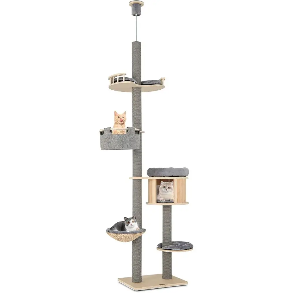 

5-Tier Adjustable Height Cat Tower (100-110 Inch) for Large Cats with Condo, Scratching Post, Basket Bed, and Hammock