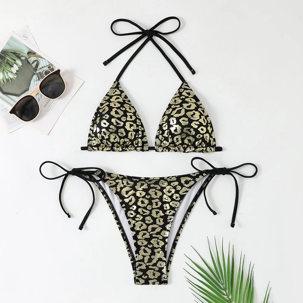 

Черный блестящий леопардовый принт, купальник с лямкой на шее, треугольное бикини, микро-стринги, сексуальный купальник, женский купальный костюм 2025 года, комплекты бикини