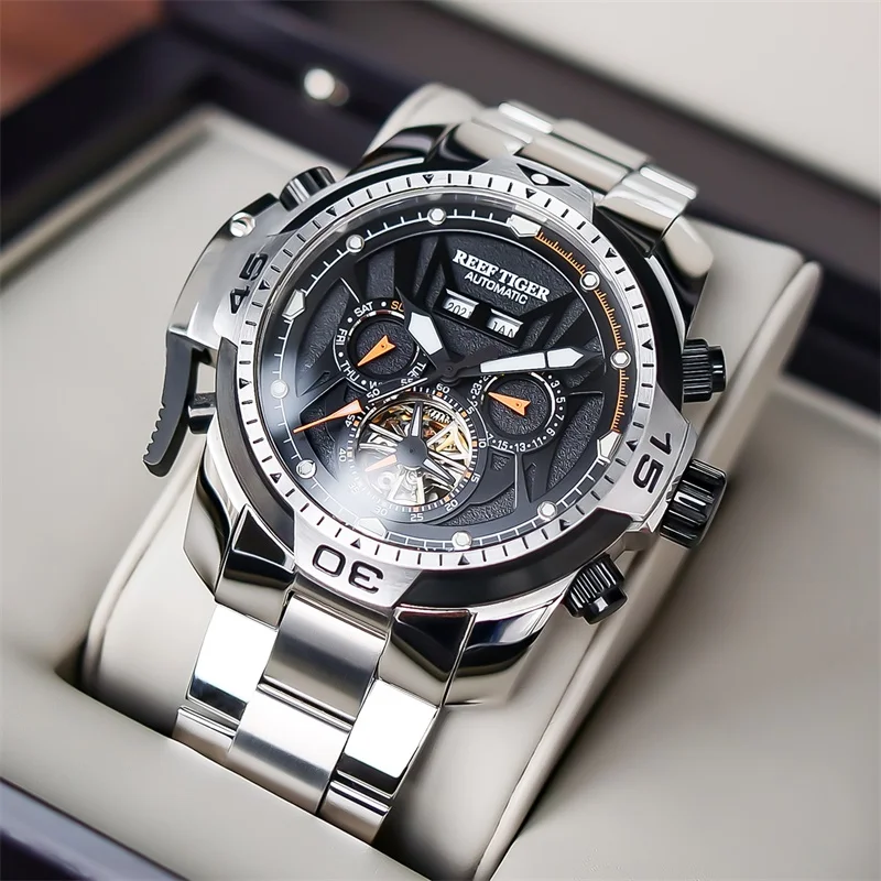 ساعة ميكانيكية أوتوماتيكية بالكامل من ماركة ريف تايجر، قرص كبير، ساعة رجالية أنيقة، ساعة رياضية رجالية عصرية