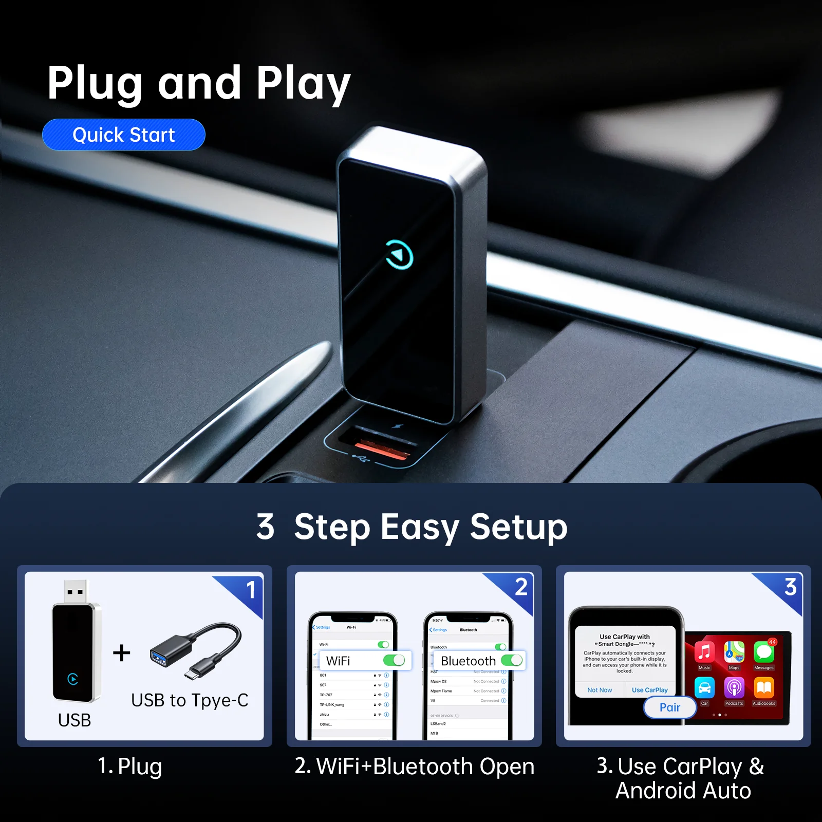 2024 Wireless Carplay Adapter Android Auto Wireless Adapter Apple Car play Wireless CarPlay&Android Auto Adapter 2in1 USB Dongle