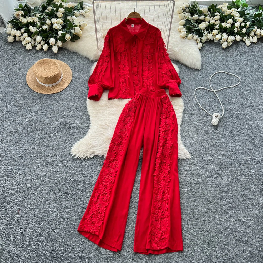 

Новые высококачественные однотонные женские комплекты Поло с пуговицами Топ с высокой талией Широкие брюки Женские комплекты из 2 предметов Костюмы с крючками и цветком