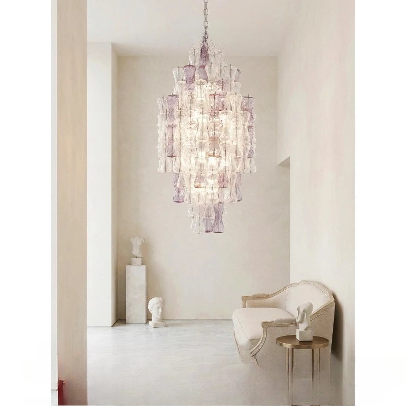 Stainless steel glass chandelier Modern simple villa Duplex floor Living room Dining room Model room Art lamp