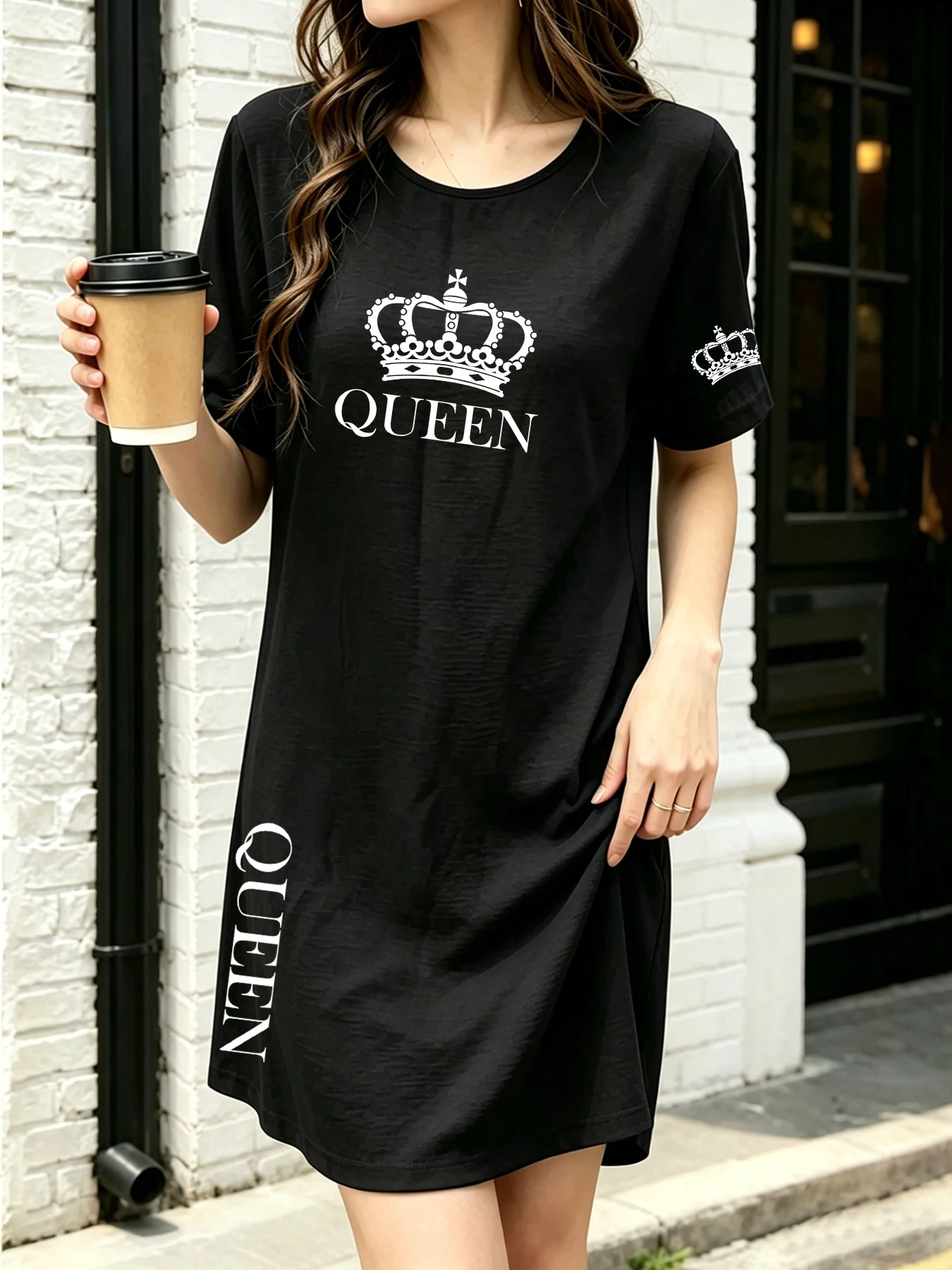 Summer Thin Breathable Queen-Style T-Shirt Dress Queen Crown Print Loose Mid-Length Dress Versatile and Elegant Style