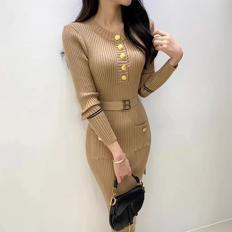 YuooMuoo kobiety ubierają koreańską modę O-neck wąska talia dzianinowa sukienka ołówkowa z paskiem Office Lady Bodycon Vestidos 2024 zima