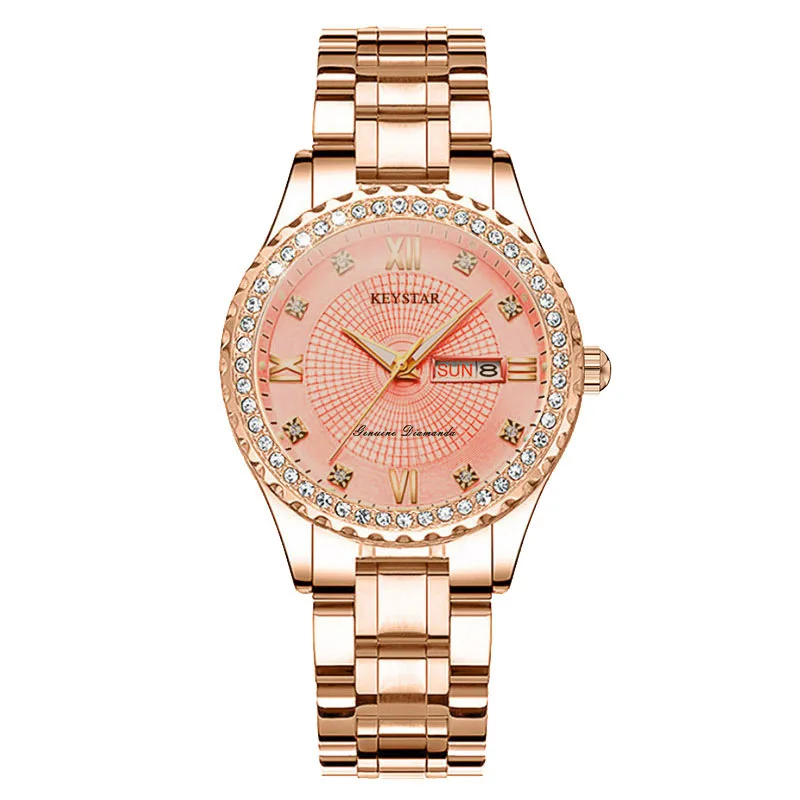 I Women's Quartz Watch Waterproof Night Glow Diamond Double Calendar Korean Edition Female Student Watch