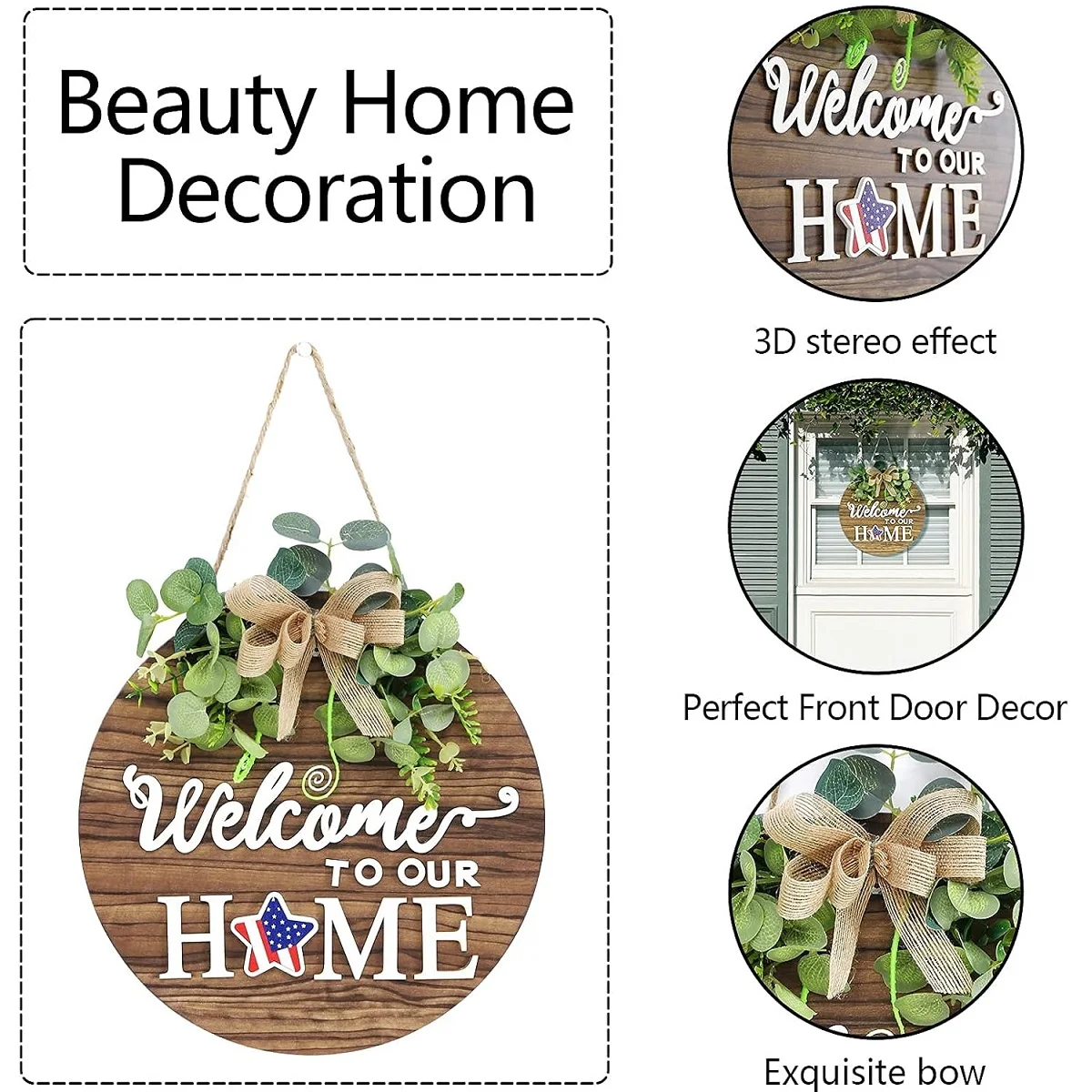 Interchangeable Seasonal Welcome Sign Front Door Decoration Rustic Round Wood Wreath for All Seasons Holiday Halloween Christmas