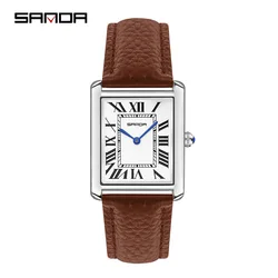 Fashion Sanda Top Brand 1108 Rectangular Couple Watch Silver Case Luxury Business Genuine Leather Quartz Clock Zegarek Damski