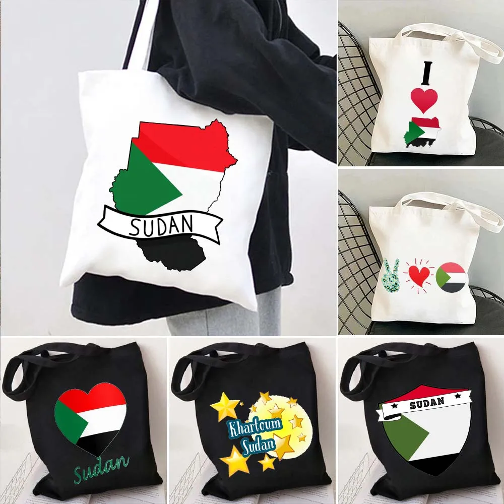 Love Sudan Map Heart Sudanese National Flag COUNTRY Arabic Fashion Shoulder Canvas Totes Bags Harajuku Shopping Shopper Handbags