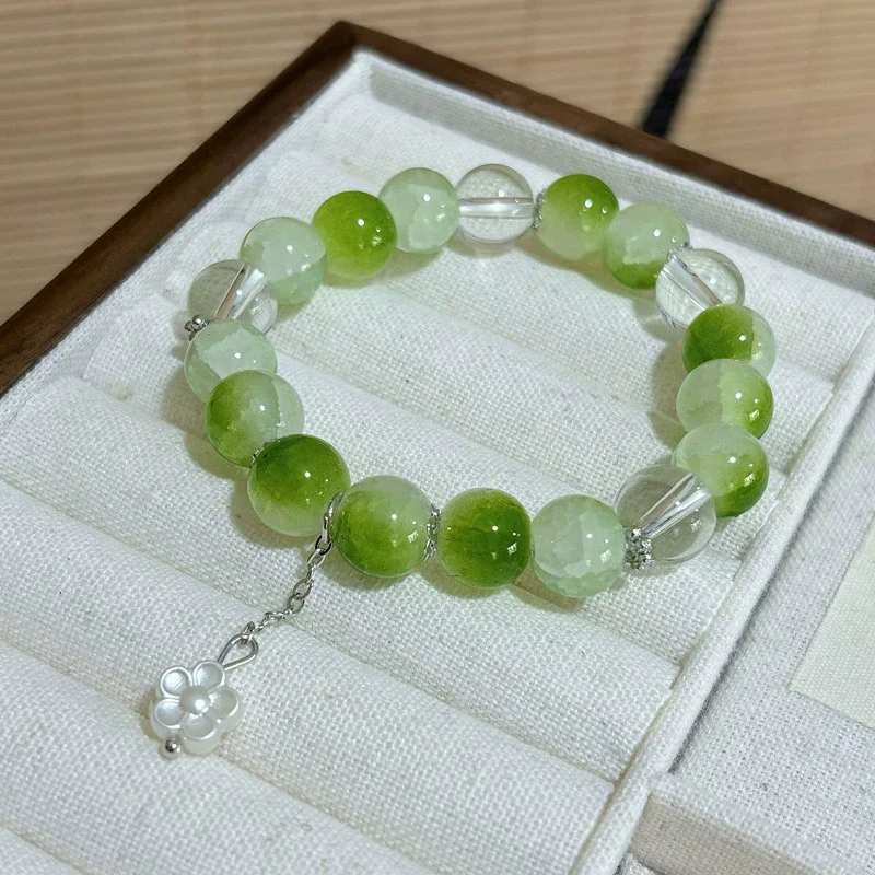 Gradient Green Beaded Bracelets Bangles for Women Fashion Flower Charms Bracelet Girls Party Sweet Elastic Jewelry