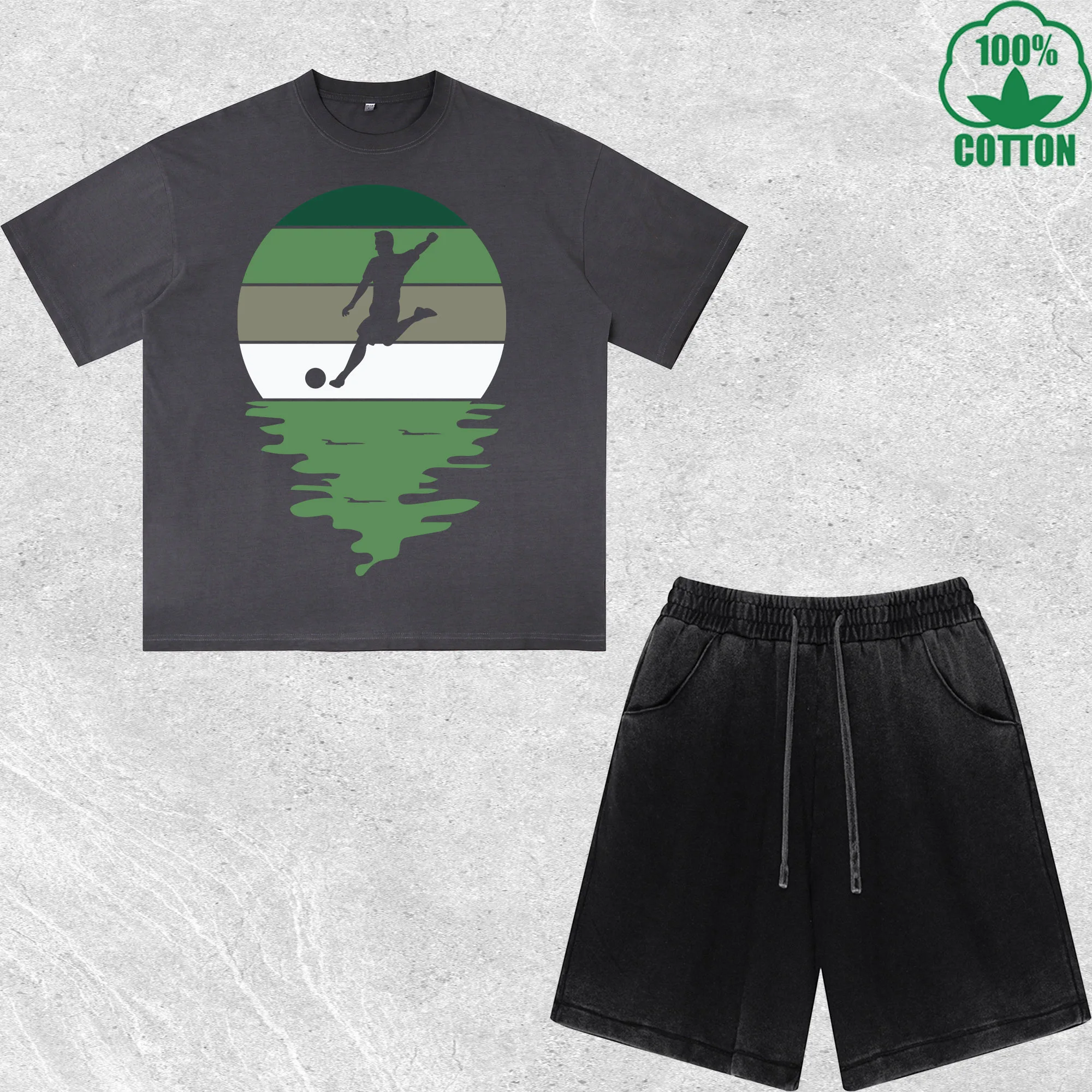 

Soccer At Sunset Printed Dirty Wash T-Shirt Shorts Set Combo Loose Trendy Fashionable 100%Cotton Black Suit